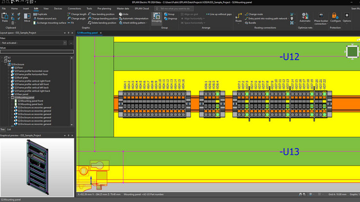 Gaps that occur when placing components on DIN rails can, if desired, automatically be removed by the software